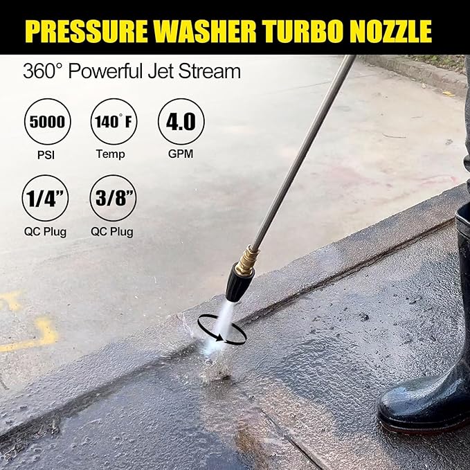 Pressure Washer Tips Turbo Nozzle, 4000 PSI Max. 5000 PSI 360° Rotating Spray Pressure Washer Turbo Tips with 1/4” 3/8” Quick Connect for Garden Car Concrete Brick Vinyl Surface 4.0 GPM 4.0 Orifice
