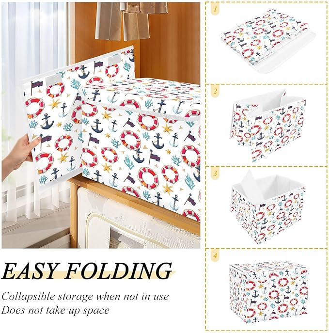 Bolaz Storage Bins with Lids and Handles,Flag Coral Starfish Anchor Life Buoy Pattern Storage Box Basket with Cover Collapsible Organizer Containers for Home Closet, Shelves