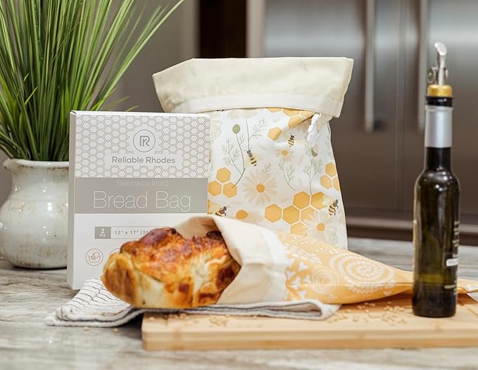 Reliable Rhodes Reusable Beeswax Bread Bag 2 Pack –12x17 Bread Bag for Homemade Sourdough, Beeswax Coated Organic Cotton Storage Bag for Loaf Baguette, Freezer Safe, Eco-Friendly Wrap Spiral Blossoms