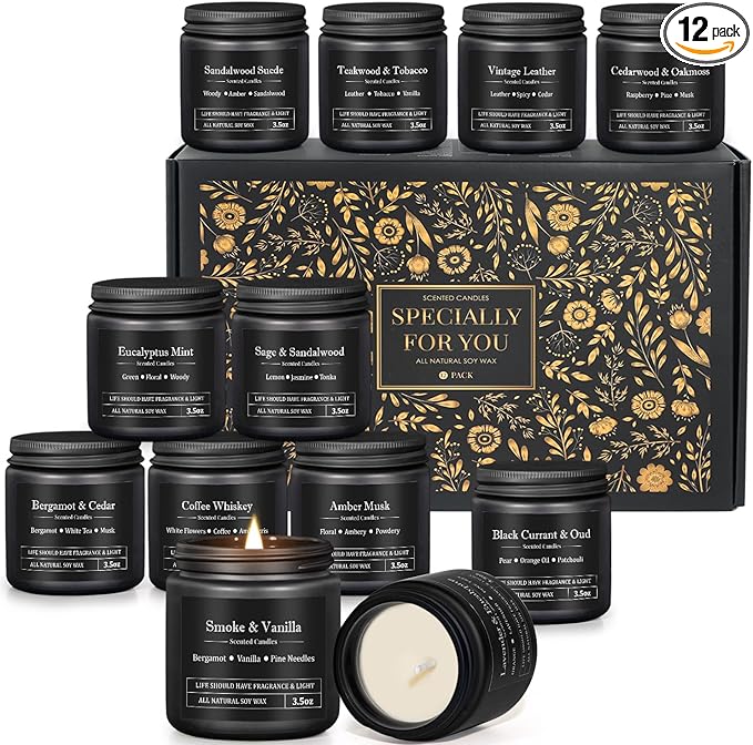12 Pack Scented Candles for Men, Masculine Candle Gift Set with Smoky, Woody & Spiced Scents, Soy Wax Aromatherapy Candles for Home, Gifts for Him, Boyfriend