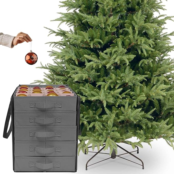ProPik Christmas Ornament Storage Boxes with Dividers - 5 Separate Trays - Ornament Holder - Keeps 100 Holiday Ornaments - Durable Carrying Bag Handles Organizer Storage Box (Gray)