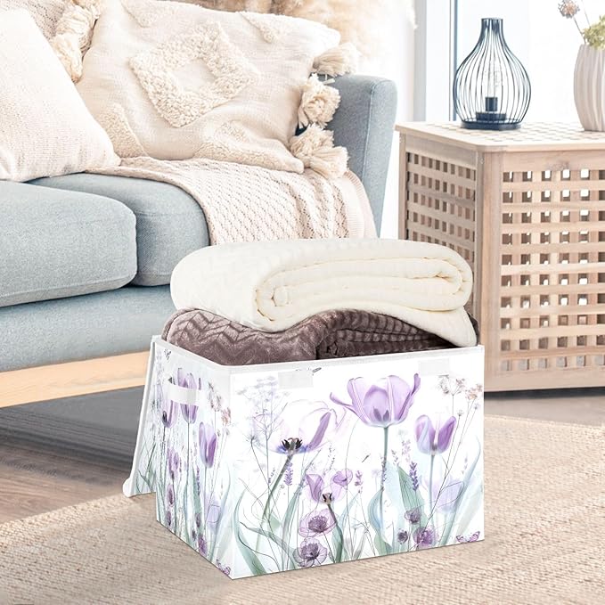 senya Baskets Collapsible Storage Bins with Lids, Purple Tulips Flowers Pastel Storage Boxes Clothes Baskets for Organizing, B06D22020