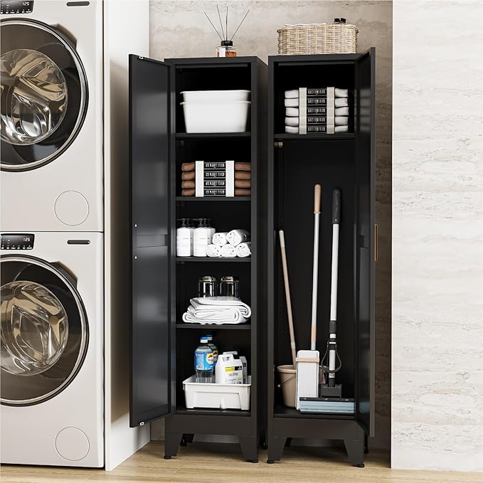 67" Tall Storage Cabinet with Reversible Doors and Adjustable Shelves,Metal Slim Freestanding Cabinets for Bathroom Kitchen Garage Small Spaces,Black