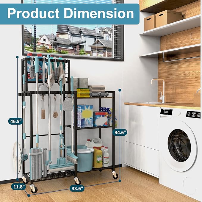 Broom Holder with Cleaning Supplies Organizer, Cleaning Cart with Broom Hanger, Broom and Mop Holder with Wheels,11 Mop Hanger Grippers & 6 Hooks, Broom Organizer for Laundry, Garage, Tool Room