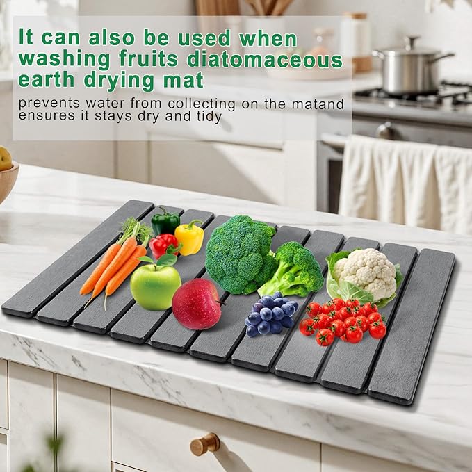 Stone Drying Mat for Kitchen Counter, Large Foldable Diatomaceous Earth Dish Drying Rack, Absorbent Diatomaceous Quick Dry Stone Mat Kitchen Dishes Bottles Cups Bathroom Any Countertop 24"(L)×16"(W)