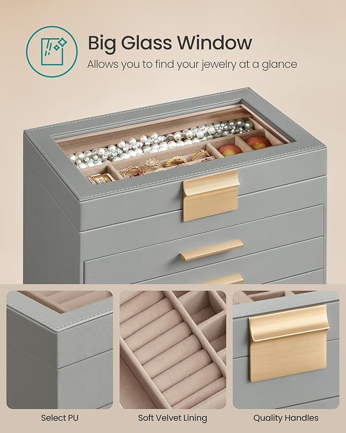 SONGMICS Jewelry Box Organizer with Glass Lid, 6-Layer Jewelry Storage, with 5 Drawers, Modern Style, 6.4 x 9.9 x 11.4 Inches, Dove Gray and Gold Color UJBC171G01