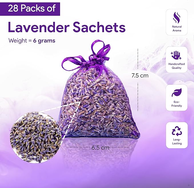 28 Pack Organic Lavender Sachet Bags for Drawers and Closets - Natural Fresh Dried Lavender French Potpourri Bags for Clothes Storage - Scented Sachets for Drawers, Wardrobes, Cars & Home