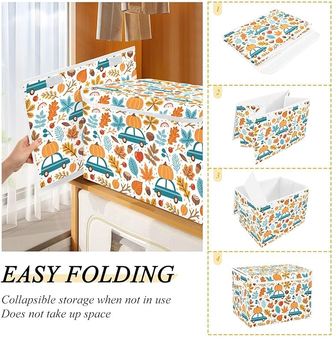 Thanksgiving Storage Baskets Collapsible Storage Bins with Lids, Thanksgiving Fall Maple Leaves Truck Pumpkins Storage Boxes Clothes Baskets for Organizing