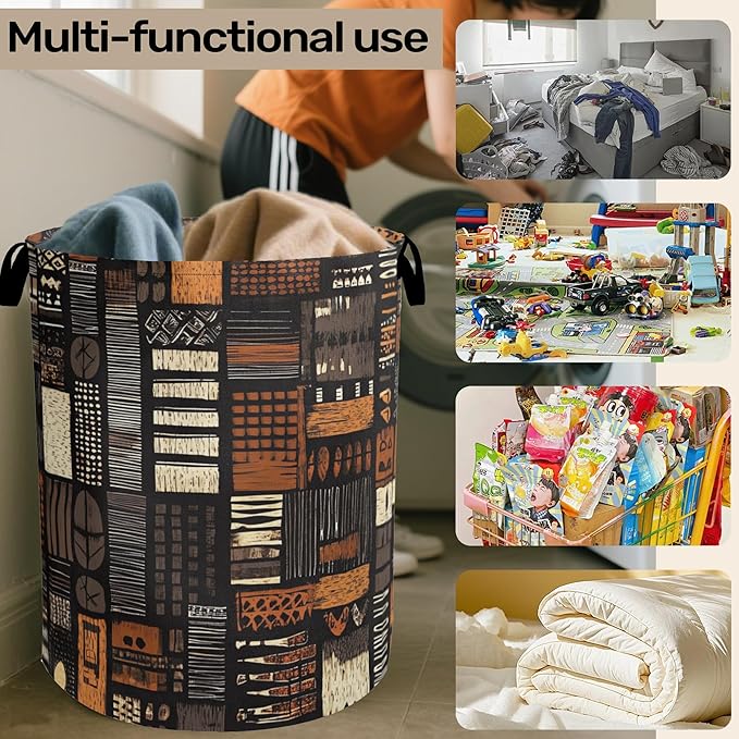African Style Brown Orange Laundry Basket - Heavy Duty 60L Dirty Clothes Organizer, Water Resistant Foldable Hamper for Men Women