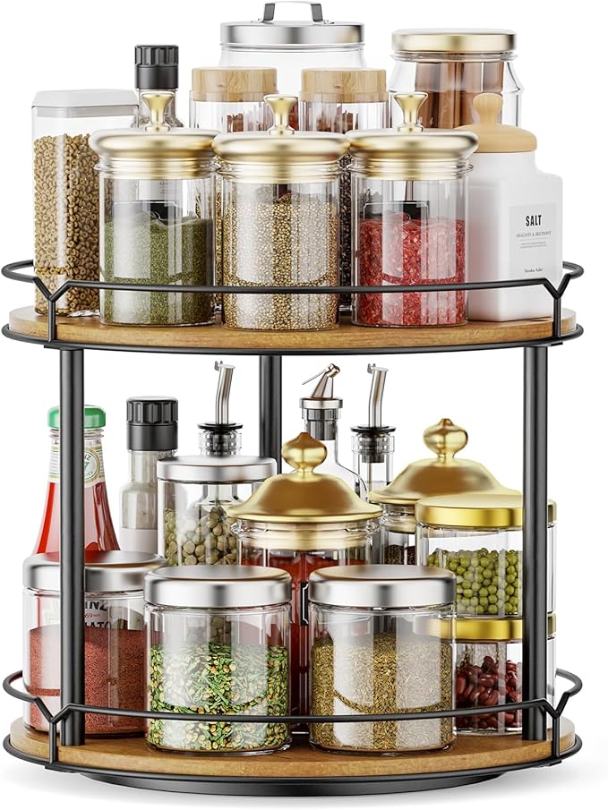 MUTUALUS 12.4" Lazy Susan Organizer 2 Tier - Rotating Spice Rack, Wooden Spinning Spice Holder for Inside Cabinet, Pantry, Kitchen, Countertop, Bathroom and Vanity, Versatile Storage
