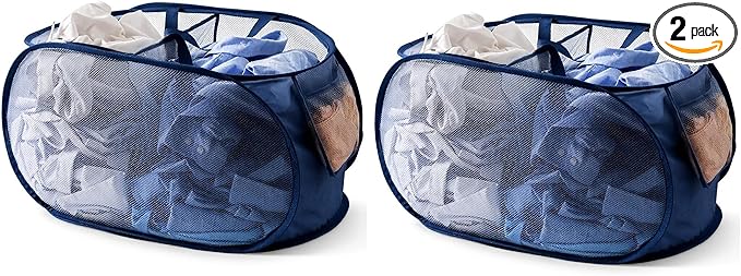 LINLOOM Foldable 2-Section Laundry Hamper Basket with Handles, 2-Pack Storage Organizer for Home, Breathable Mesh Divider Sorter for Whites & Colors, Collapsible Clothes Bin, Navy Blue