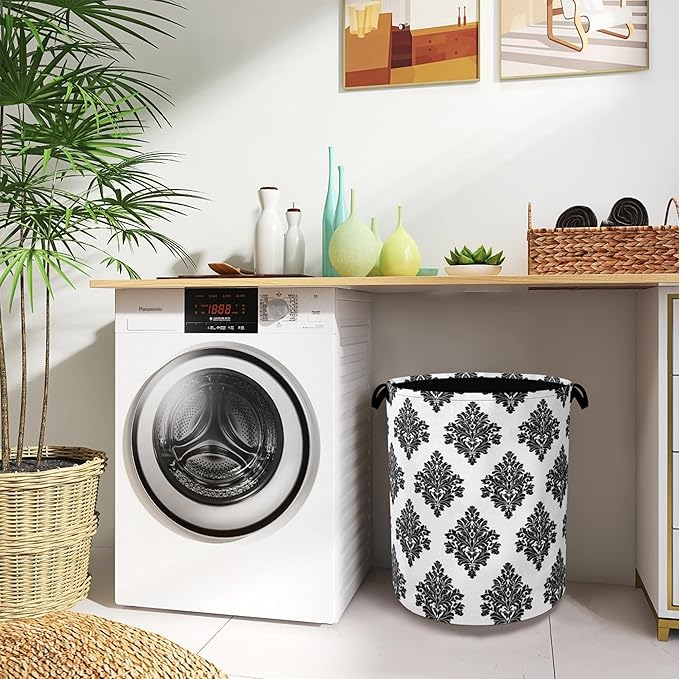 Vintage Damask Floral Laundry Basket,Oxford Cloth Laundry Hamper with Handle Foldable Portable Clothes Storage Basket for Bathroom Bedroom Dorm Room 16" x 20.8"