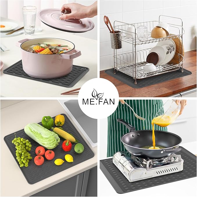 ME.FAN Silicone Dish Drying Mat for Kitchen Counter, Dish Drying Pad for Sink, Refrigerator or Drawer, Countertop Protection Pad L - 18''×16'' - Grey
