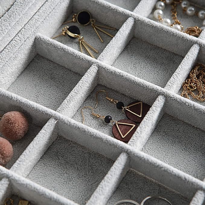Frebeauty 24 Grid Earring Holder Organizer Tray, Jewelry Organizers and Storage for Drawer,Velvet Jewelry Display Storage for Earrings,Rings,Studs,10.5 x 6.5 x 1.2 Inches Gift for Women (Grey)