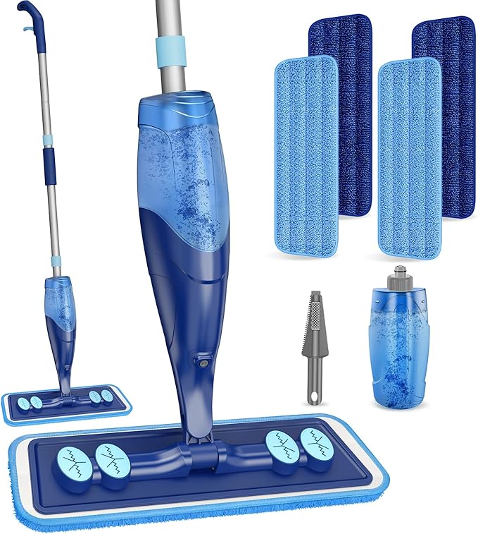 IOPRETTY Microfiber Hardwood Floor Mop - Wet Dry Spray Mop with 4 Washable Pads for Tile Wood Laminate Vinyl Marble Home Kitchen - 500+ ML Refillable Bottle Dark Blue