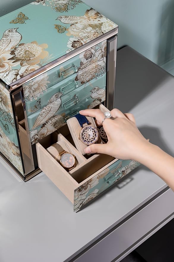 High End Glass Jewelry Box - 5 Layer Jewelry Organizer with 2-Sided Doors and Mirror - Velvet-Lined Organizer For Ring, Necklace, Earring, Bracelet Storage -Valentine's Day Gift For Women