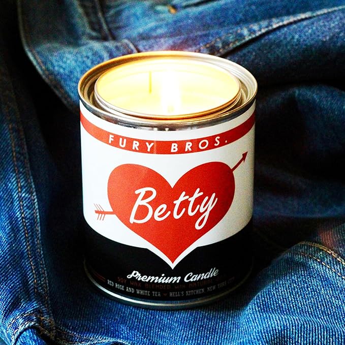 Fury Bros. Scented Candles for Men | Betty | Red Rose & White Tea | Natural Soy Wax | Hand-Poured in The USA | Long 70-80 Hour Burn (12.5 oz) | Vintage-Inspired Tin Design | Dad Home Gift
