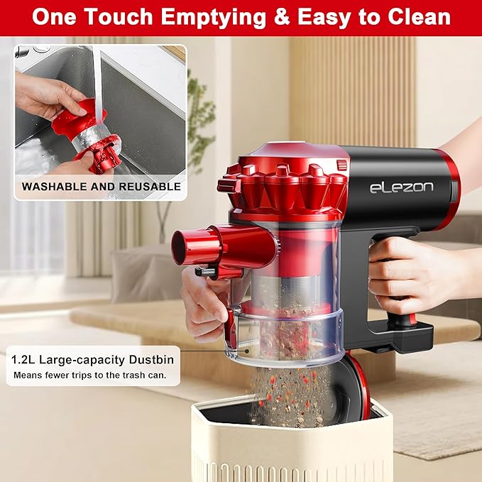elezon A200 Cordless Vacuum Cleaner with 18000Pa Powerful Suction, 38 Min Runtime, 2200mAh Battery, HEPA Filter, Portable Stick Vacuum for Hardwood Floor, Lightweight Handheld for Home, Pet Hair, Car