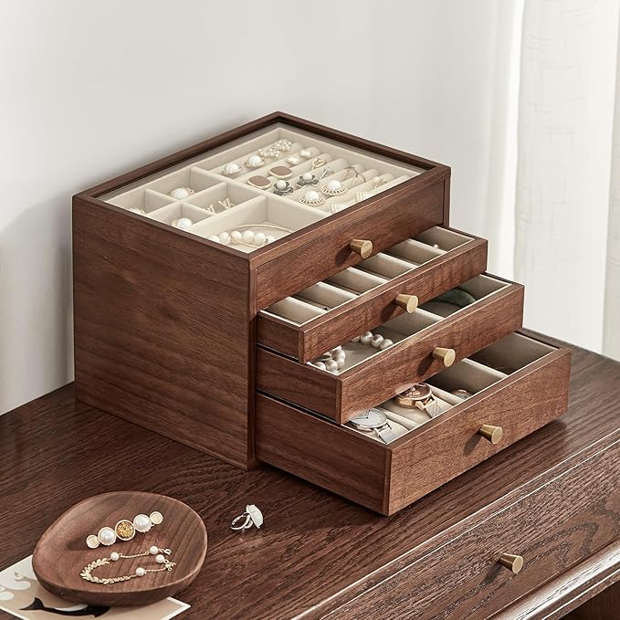 Homruilink Black Walnut Wooden Jewelry Box for Women large 4 Layer Drawer Organizer Box with Glass Lid for Necklaces, Watch, Necklace, Ring, Earring Storage - Valentine's Day Gifts