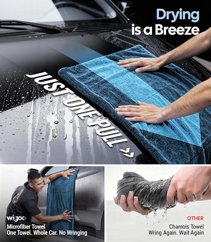 Wigoo Microfiber Car Drying Towels 36" x 24" [1300GSM Ultra-Absorbent, No Streaks & Scratches] Dual-Sided Edgeless Cleaning Towel with Twisted Loop, for Detailing, Cars, SUV, Truck (2-Size Blue Set)