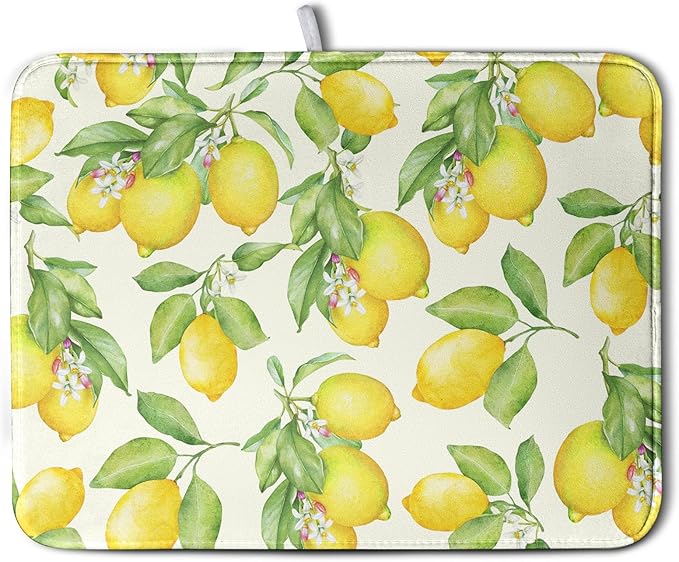 Wnoesat Summer Lemon Drying Mat Watercolor Fruit Yellow Lemon With Green Leaf Floral Dish Drying Mats for Kitchen Counter 18×24 Inch Microfiber Absorbent Dish Pad