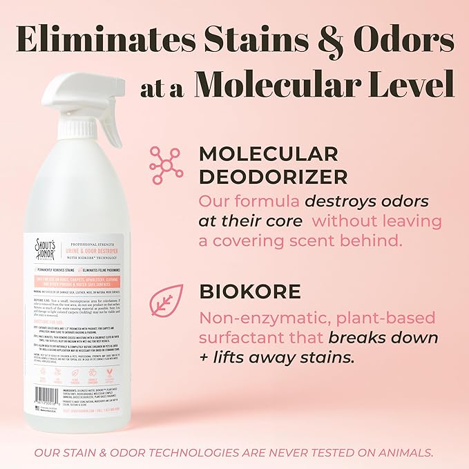 Skout's Honor Cat Urine & Odor Destroyer - Professional Strength, Plant-Powered, Cruelty-Free Urine Eliminator for Carpets and Indoor Living Spaces, 35 oz.