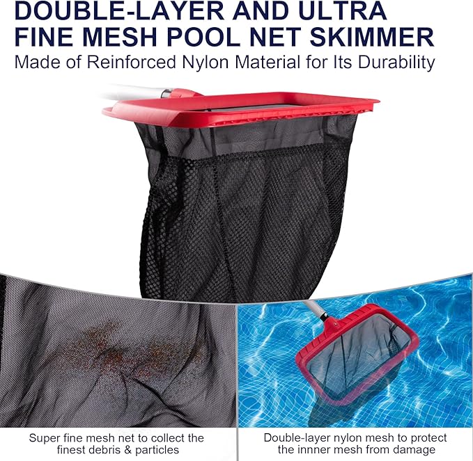 Pool Skimmer Net, Upgraded Pool Net Skimmer with Double-Layer Netting Bag, Larger Capacity Pool Nets for Cleaning Finest Debris, Thickened Frame Pool Leaf Net Reinforced with Grid Structure