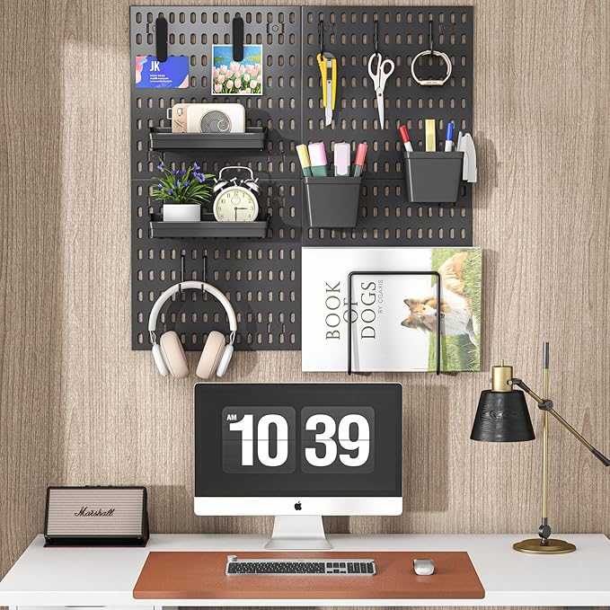 AKTOP Peg Board Wall Organizer 4-Pack – 12"x12" Black Pegboard Panels for Walls, Plastic Desk Wall Mount Tool Organization for Home, Office, Garage Tool Storage & Craft Room
