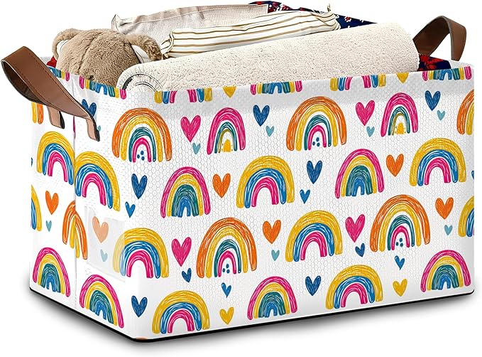 Rainbow Storage Baskets,Heart Foldable Organizer Bin with Handles for Home Living Room Bedroom Closet Box 17x11.5x10Inch