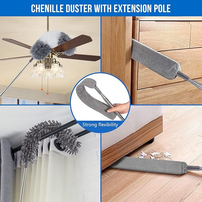 UIMO Microfiber Feather Duster 5-in-1 Kit for Dusting and Cleaning – 30–100" Extension Pole, Anti-Slip Grip, Bendable Washable Heads for Ceiling Fan, Furniture, Car (Blue)