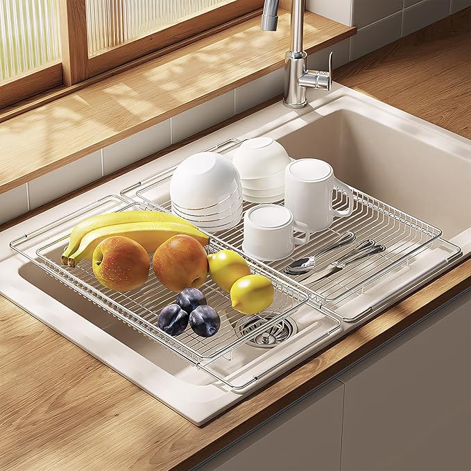 TABABAO Expandable Over The Sink Dish Drainer Drying Rack, Stainless Steel Metal, Small Adjustable Dish Drainer Drying Rack for Kitchen Counter, Space Saving for Compact Kitchen