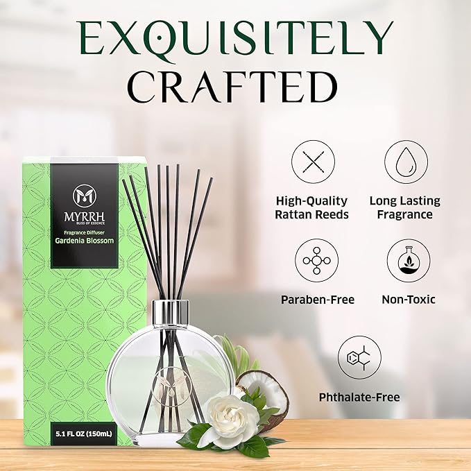 Gardenia Blossom Scented Reed Diffuser Set with 8 Rattan Diffuser Sticks, 150 ml, All Natural Air Freshener, Long-Lasting Diffusers at Home - MyrrhUSA