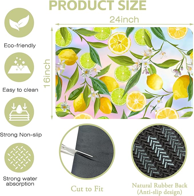 Abstract Yellow Lemons Dish Drying Mat Green Lemon Leaves Kitchen Mat 16"x24" Bsorbent Coffee Maker Mat for Dishes Utensils Coffee Maker Pots and Pans Easy Clean Dish Slip Resistant Pad
