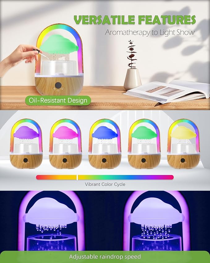 Aromatherapy Essential Oil Diffuser Rainbow Rain Cloud Humidifier Water Drip Mushroom Diffuser with Running Lights & Rain Sounds for Sleeping - Tabletop Water Fountain & Night Light