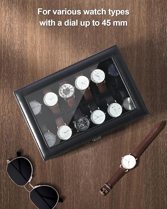 Uten Watch Boxes 12 Slots, Watch Box for Men, Watch Display Case, Watch Storage Box with Removable Cushion, Metal Clasp, PU Leather, Black