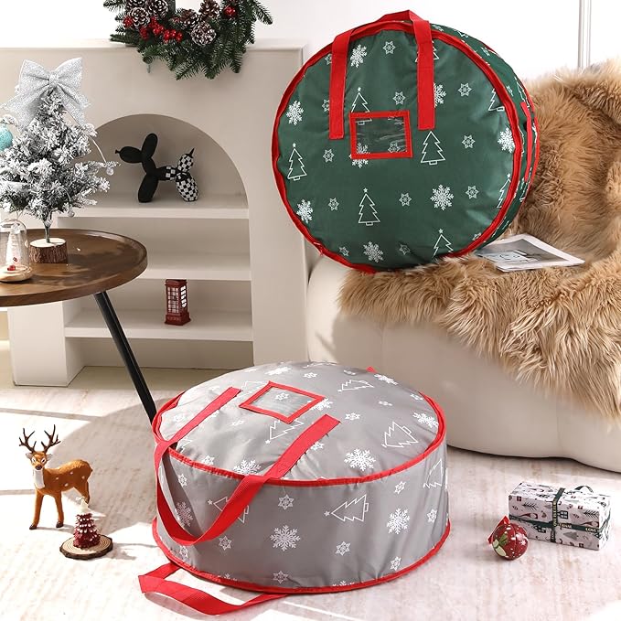 30 Inch Christmas Wreath Storage Bag, Wreath Storage Container with Carry Handles Zipper and Labeling Card Slot, Waterproof Garland Storage Container for Wreath Christmas Decoration, Green