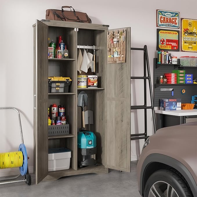 Set of 2 Farmhouse Rustic Grey Storage Cabinet with Adjustable Shelves, Large Pantry Organize with 2 Barn Doors, Tall Freestanding Cabinet for Kitchen, Bathroom, Garage, Living, Utility Room