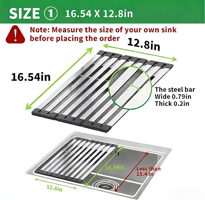 Miao Steward Over The Sink Kitchen Dish Drying Rack Organizer - Stainless Steel Collapsible Non-Slip Space-Saving [16.54 * 12.8IN] - Rust-Resistant Heat-Resistant Sturdy - Easy to Clean