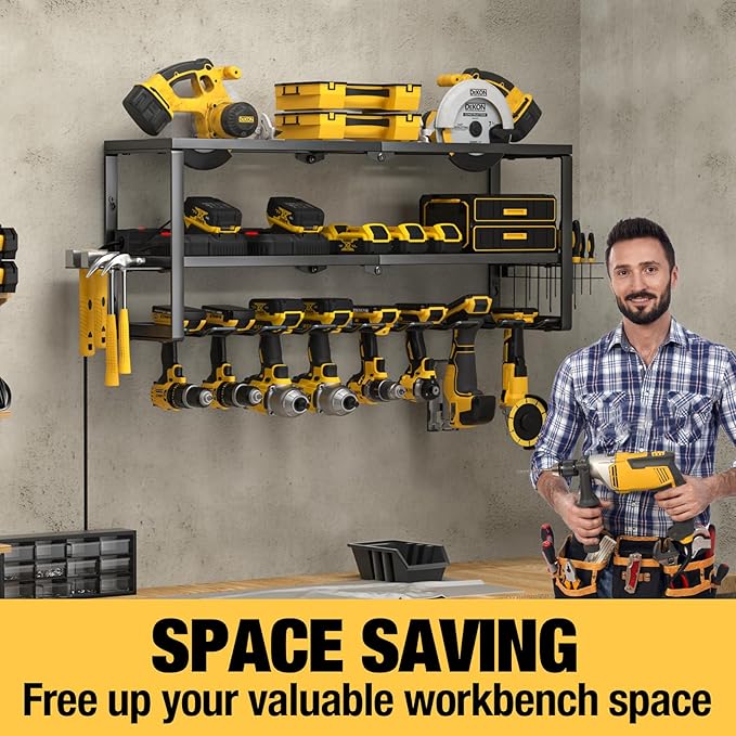 YYR Heavy Duty Power Tool Organizer with Charging Station, Cordless Drill Hanger Storage Rack, Battery Tools Holder Wall Mount Shelf for Garage - 32 Inch Equipped with Surge Protection Power Strip