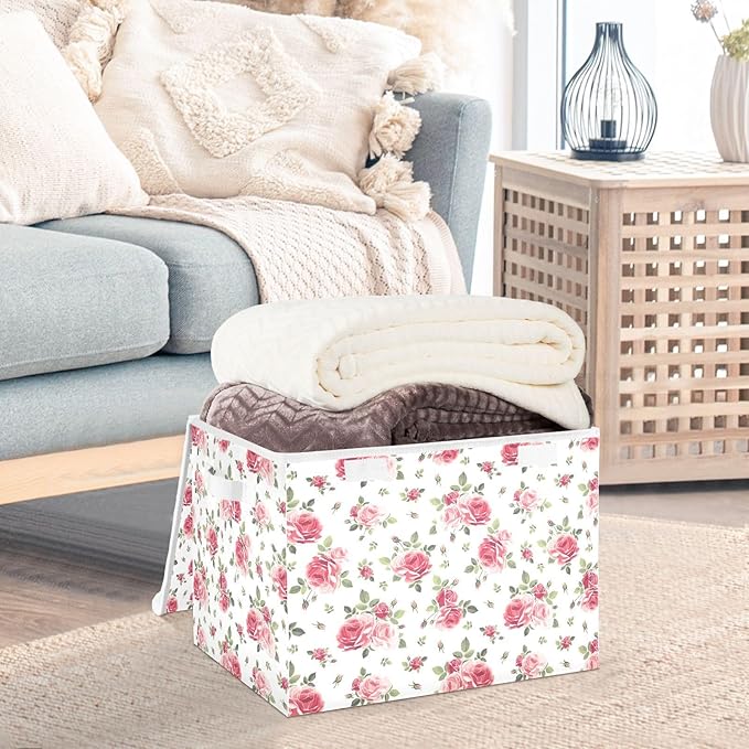 Collapsible Storage Bins with Lids, Pink Rose Flowers Floral Storage Boxes for Organizing