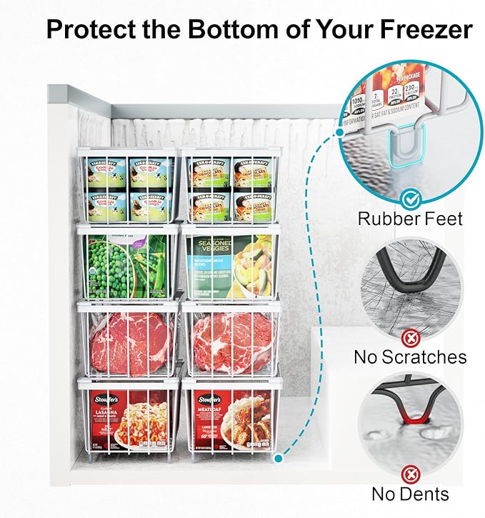 iSPECLE Deep Freezer Organizer Bins - Fits 7 Cu.Ft Chest Freezer, 8 Pack Stackable Wire Baskets(14.7" Length), Heavy Duty Coated Freezer Organizer, Rust Resistant for Frozen Food Sorting, White