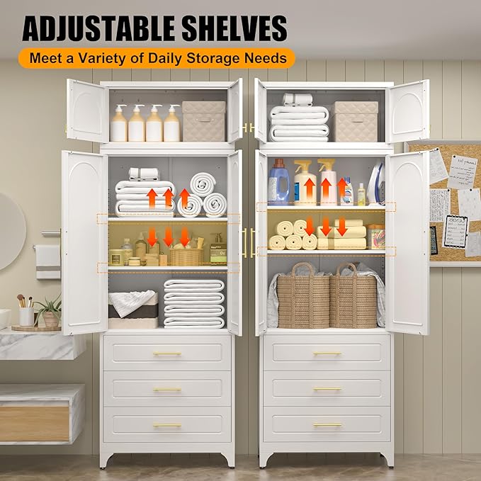 Metal Storage Cabinet with Doors and Shelves, 90" Tall Kitchen Pantry Storage Cabinets with 3 Drawer, White Pantry Closet, Steel Large Cupboard, High Leveling Feet- Assembly Required
