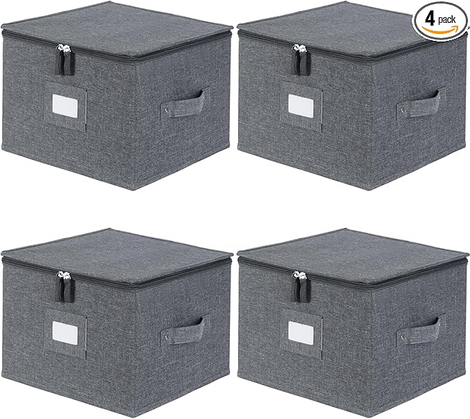 popoly China Storage Containers Inside 12" W x 8" H, Dinnerware Storage Box for Dishes Plate Storage with 24 Felt Dividers, Hold 24 Plates, Hard Shell and Stackable（4PACK