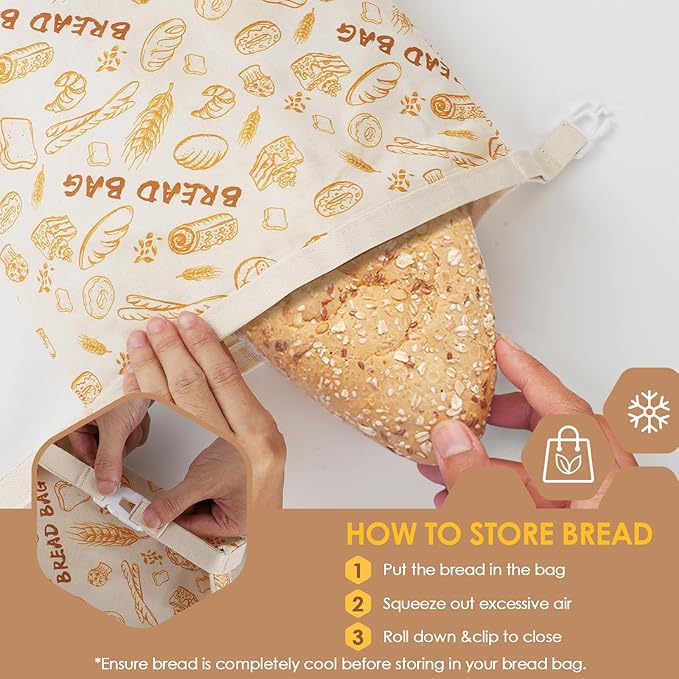 3-Pack Reusable Beeswax Bread Bags - Large 17x13 Inch for Sourdough & Homemade Bread Storage | All-Natural Beeswax Preservation, Eco-Friendly Cotton Food Bags - Easy to Clean & Daily Use