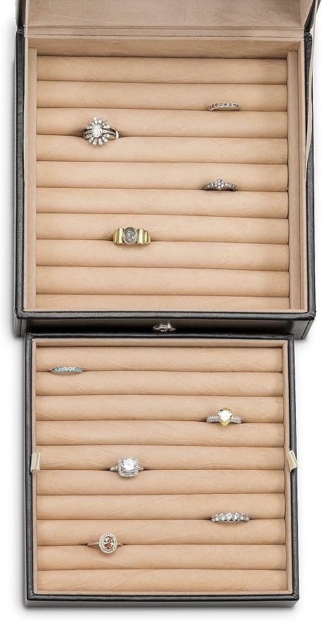 Glenor Co Ring Organizer Box - 108 Slot Classic Jewelry Display Holder - 2 Storage Trays with Modern Buckle Closure, Large Mirror - Holds Rings and Cufflinks - PU Leather Case - Black