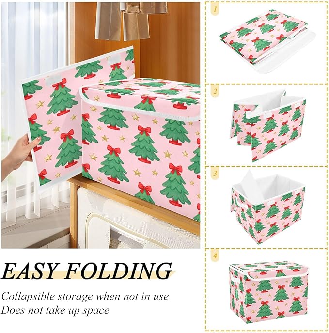 Christmas Tree Bow Stars Storage Bins with Lids Foldable Storage Basket with Handles Collapsible Large Fabric Organizer Containers for Clothes Shelves Closet Office Home