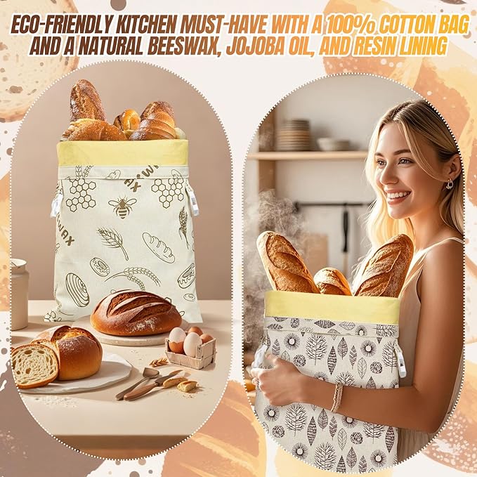 2 Pack Reusable Beeswax Storage Bags – Sourdough Bread Bags for Homemade Organic Cotton Waxed Food Bags for Freezer & Refrigerator Safe, Eco-Friendly Reusable Wraps to Keep Baked Goods Fresh Longer