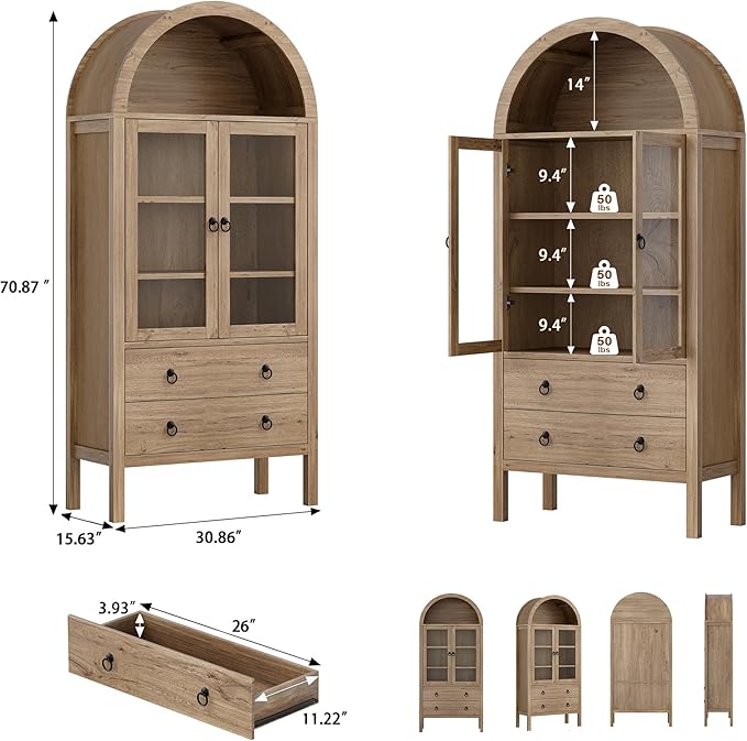 71'' Tall Arched Cabinet, Arched Kitchen Pantry Cabinet with Doors, Wood Arch Storage Cabinets Bookcase with 2 Large Drawers and Adjustable Shelves, Versatile Cupboard for Living Room, Natrual