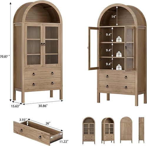 71'' Tall Arched Cabinet, Arched Kitchen Pantry Cabinet with Doors, Wood Arch Storage Cabinets Bookcase with 2 Large Drawers and Adjustable Shelves, Versatile Cupboard for Living Room, Natrual
