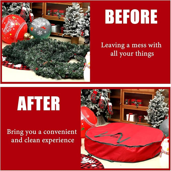 1 Pcs 60" Christmas Wreath Storage Bag Zippered Garland Holiday Container with Reinforced Handle Tear Resistant 600d Oxford Organizer Wreath Holder with Card (Red)